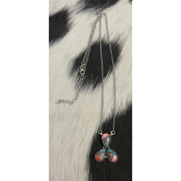 Native American Southwest Sterling Silver 3 Stone Purple Ice Dahlia Bar Necklace - Picture 3 of 11